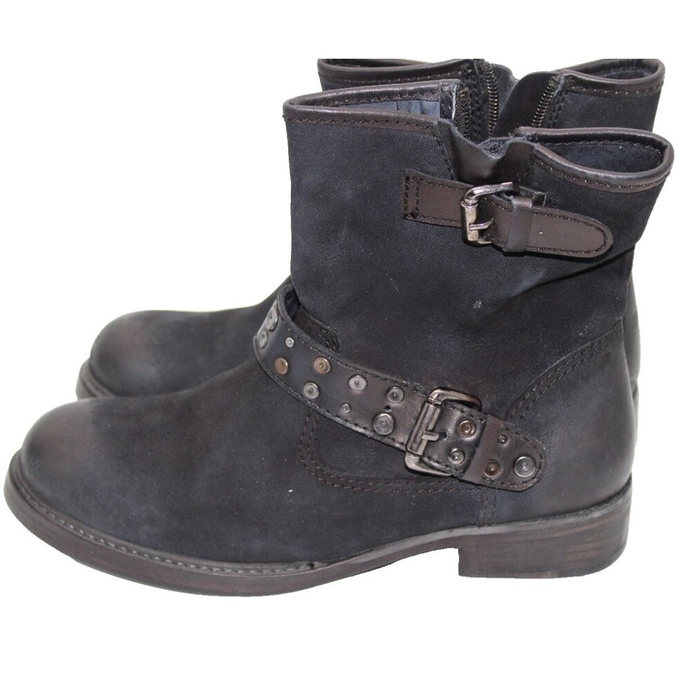 VINTAGE FOUNDRY Co. Miriam Mid Top Boot Womens 8 Black Studded Strap Suede Moto